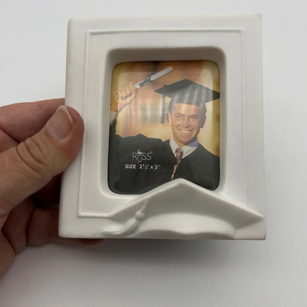 Russ Berrie Graduation Cap Tassel White Ceramic Picture Frame 2.5x3 Wallet Size